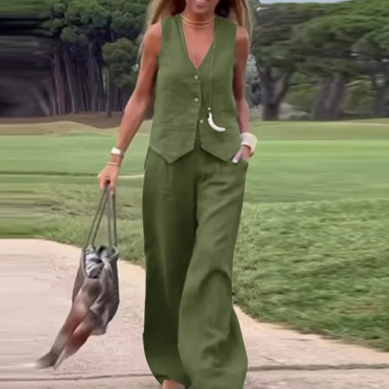 💕Solid Colour Button Down Vest and Wide Leg Pants 2 Piece Set for Women - Image 3