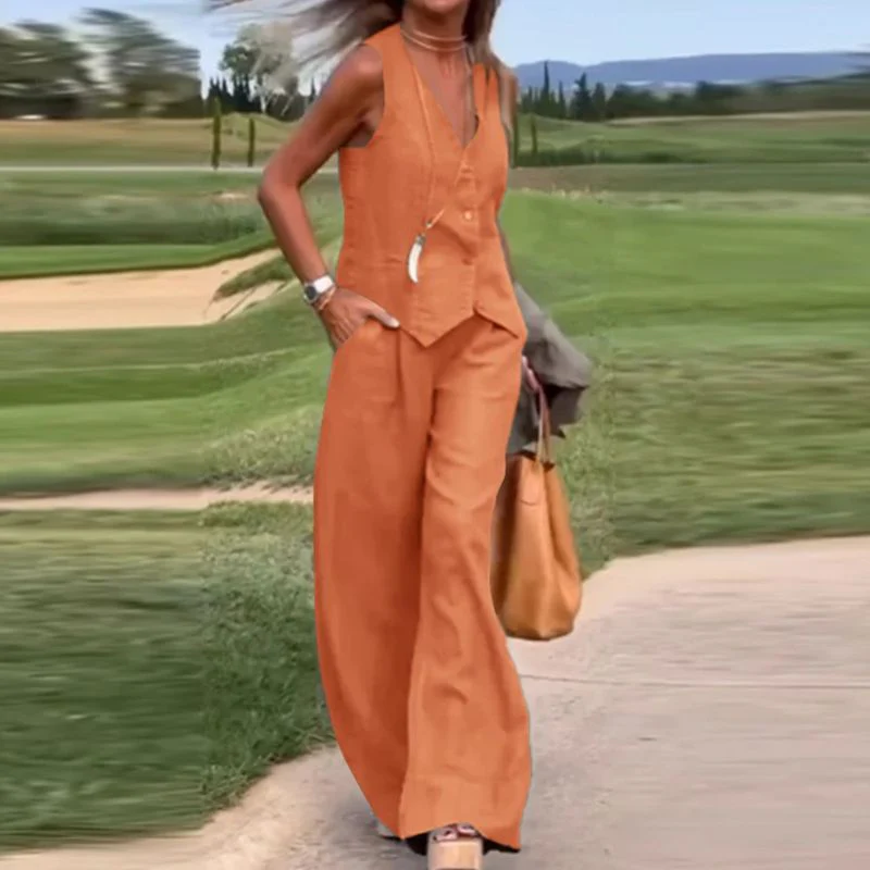 💕Solid Colour Button Down Vest and Wide Leg Pants 2 Piece Set for Women - Image 5