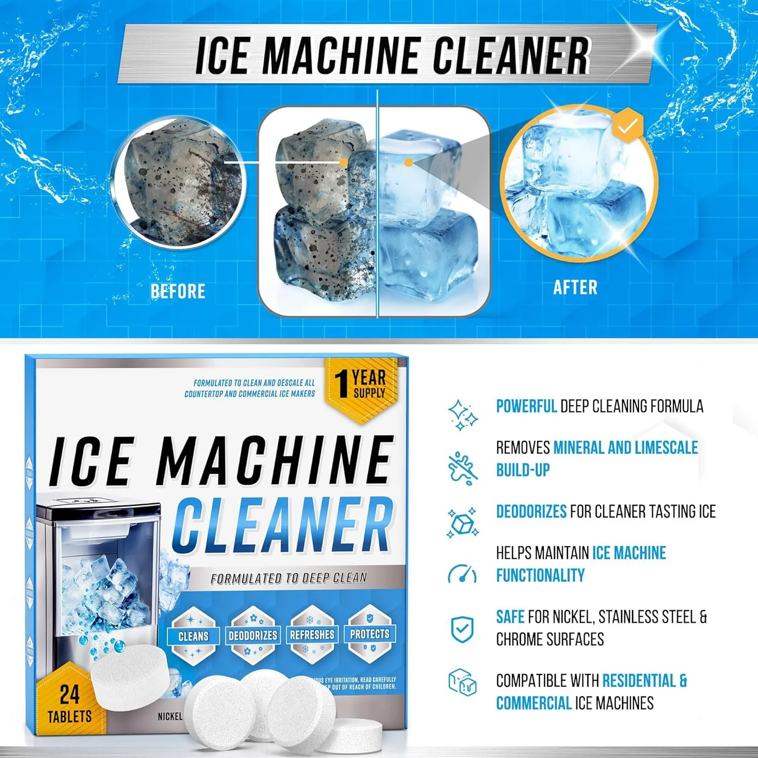 🧊LAST DAY SPECIAL PRICE £5.99✨ Ice Machine Cleaner & Descaler - 24 Cleaning Tablets Compatible with All Brands - Image 2