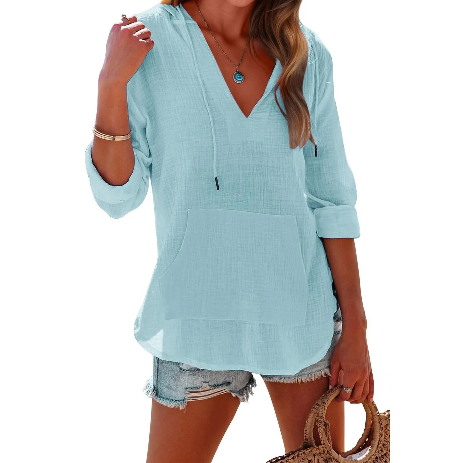 ✨2025 Hot Sale⌛Women's Oversized Hooded Beach Cover Up - Long Sleeve V-Neck Pocket Shirt - Image 2