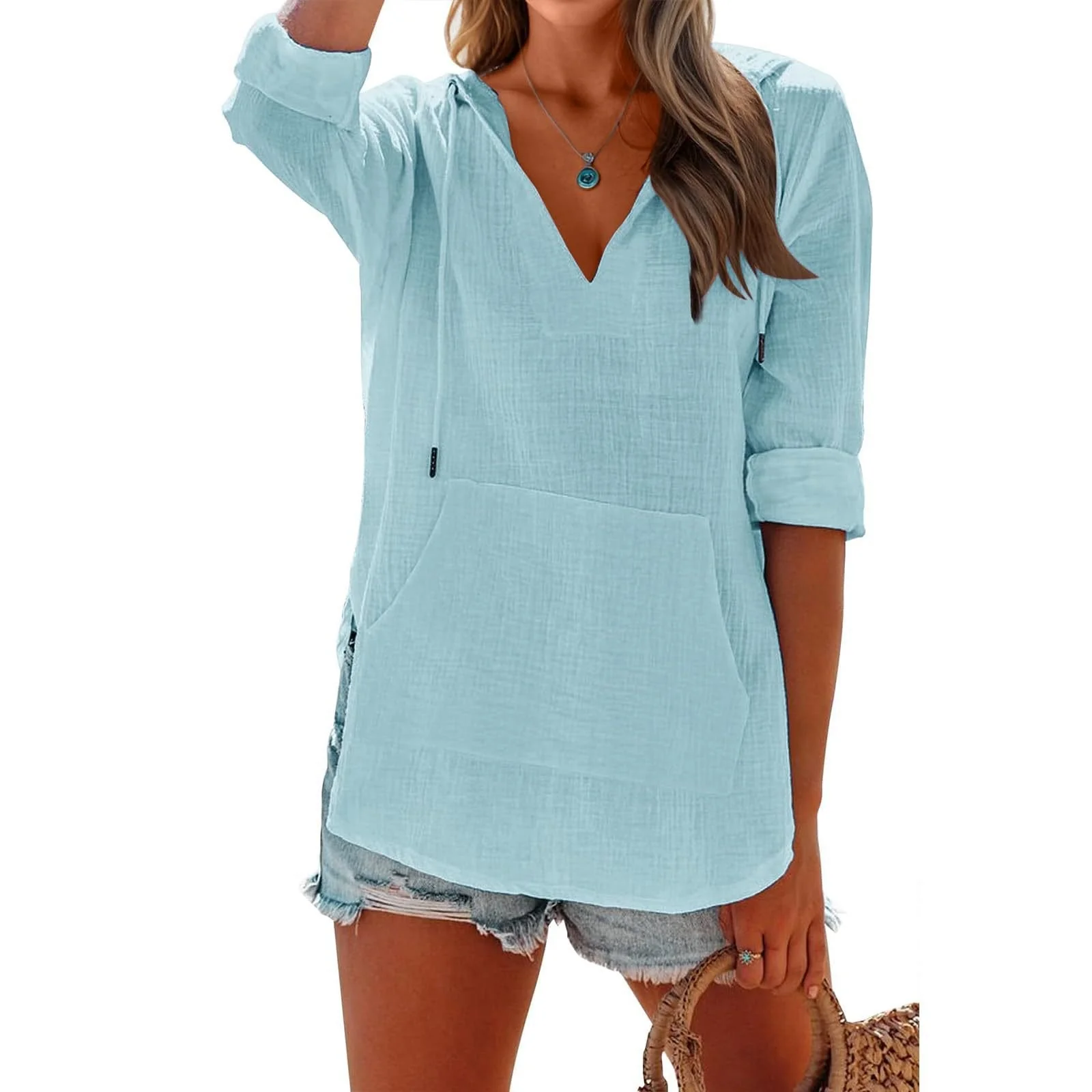 ✨2025 Hot Sale⌛Women's Oversized Hooded Beach Cover Up - Long Sleeve V-Neck Pocket Shirt - Image 4