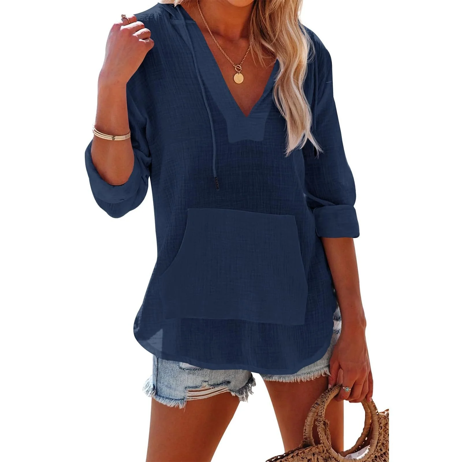✨2025 Hot Sale⌛Women's Oversized Hooded Beach Cover Up - Long Sleeve V-Neck Pocket Shirt - Image 7