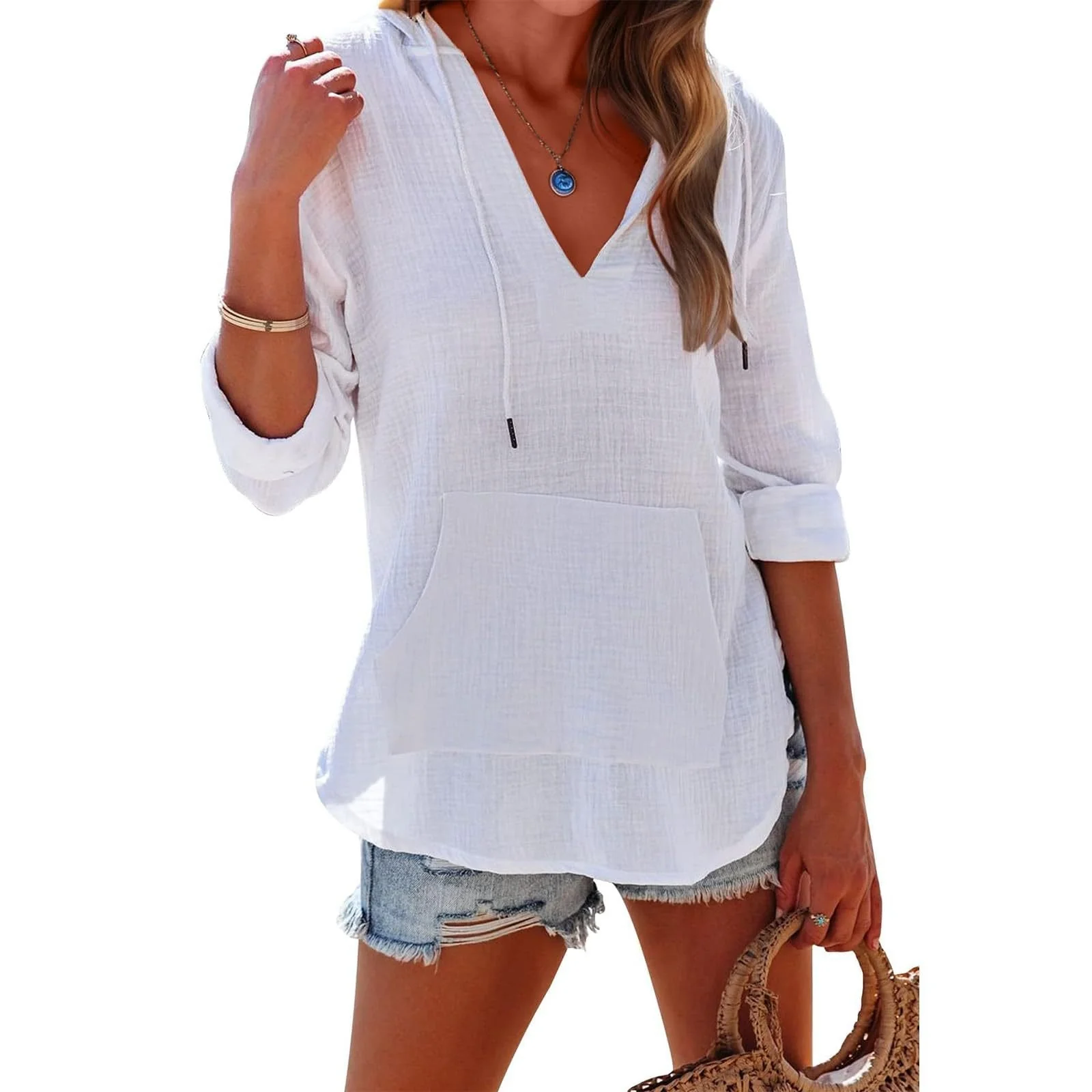✨2025 Hot Sale⌛Women's Oversized Hooded Beach Cover Up - Long Sleeve V-Neck Pocket Shirt - Image 8