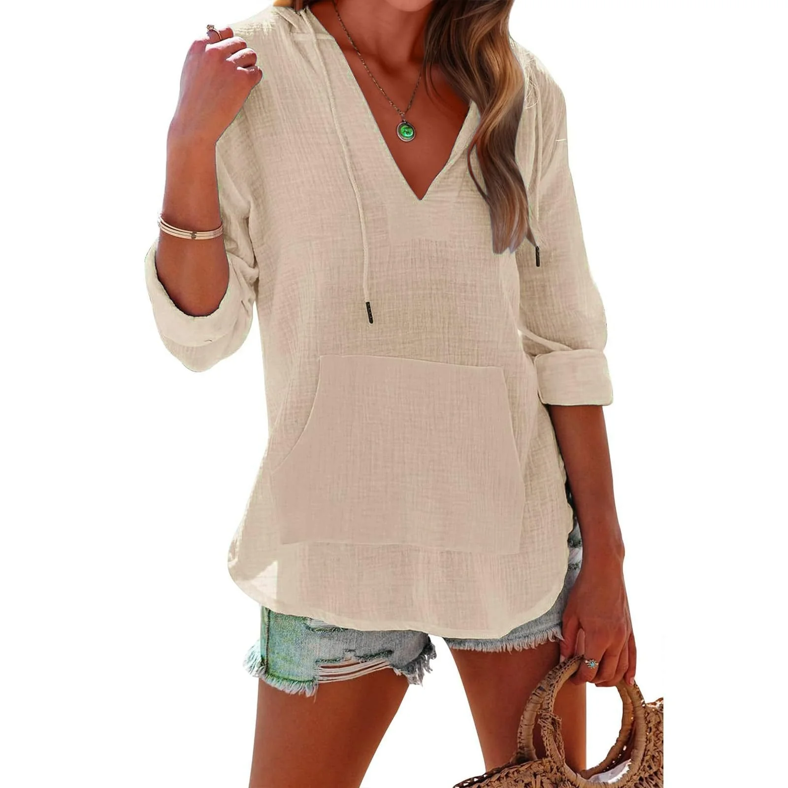 ✨2025 Hot Sale⌛Women's Oversized Hooded Beach Cover Up - Long Sleeve V-Neck Pocket Shirt - Image 9