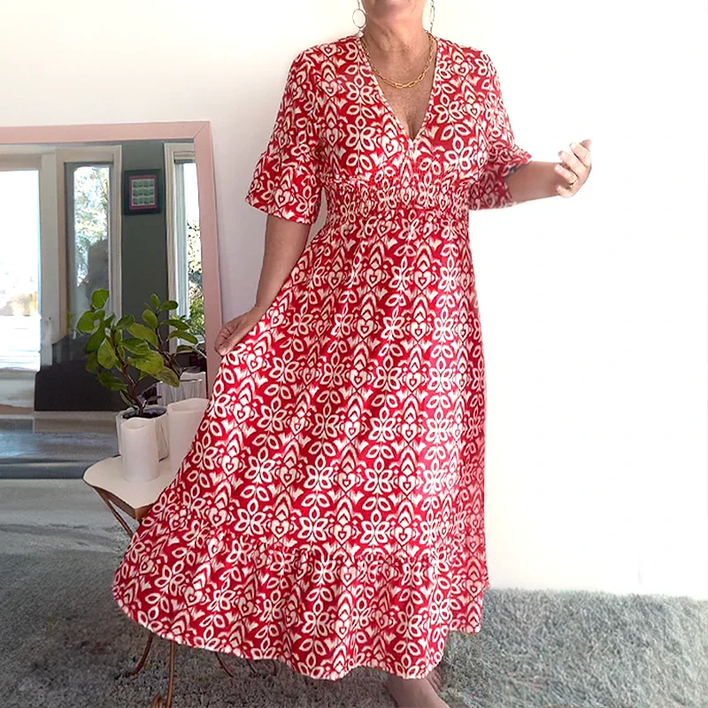 🔥Hot Sale - 49% OFF🔥Bohemian casual print V-neck waist wrap long dress - Image 6