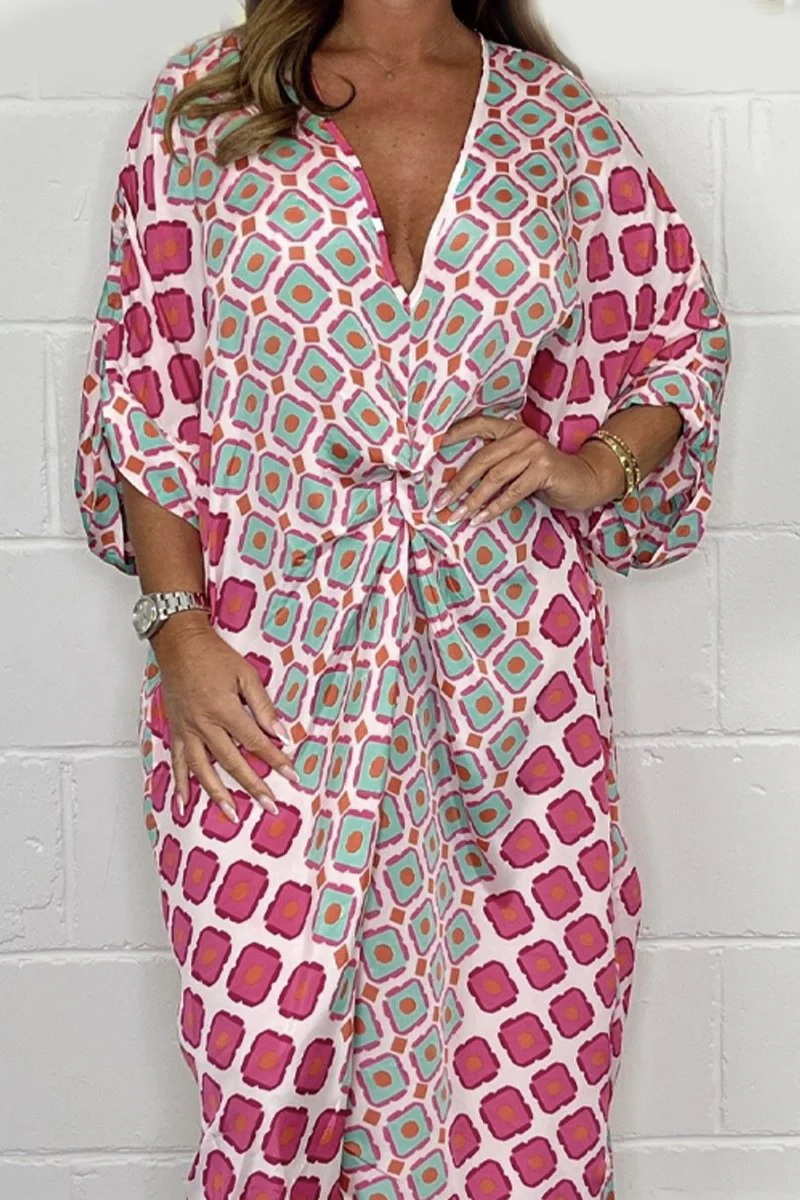 🔥49% Sale - Midi Dress with V-Neck and Geometric Pattern - Image 3