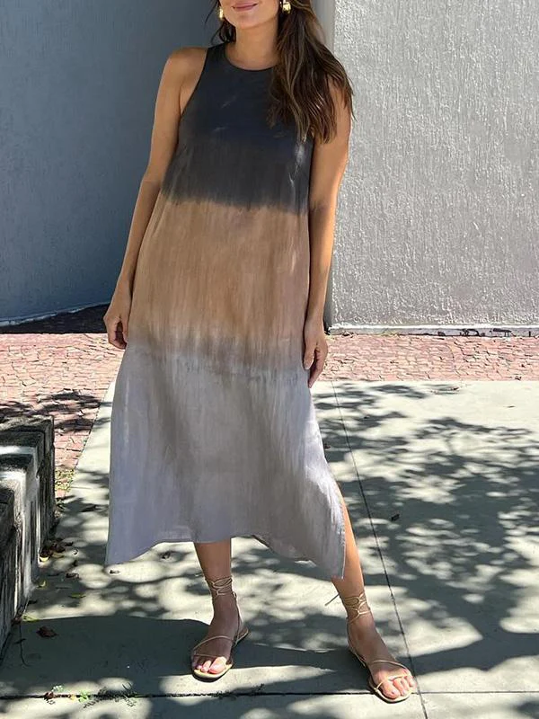 🌷Spring Sale 49% Off🌷Women's casual cotton& linen sleeveless slit gradient tie-dye long dress - Image 2