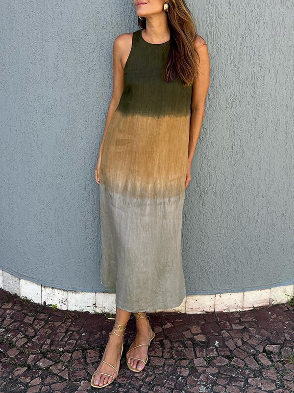 🌷Spring Sale 49% Off🌷Women's casual cotton& linen sleeveless slit gradient tie-dye long dress - Image 4