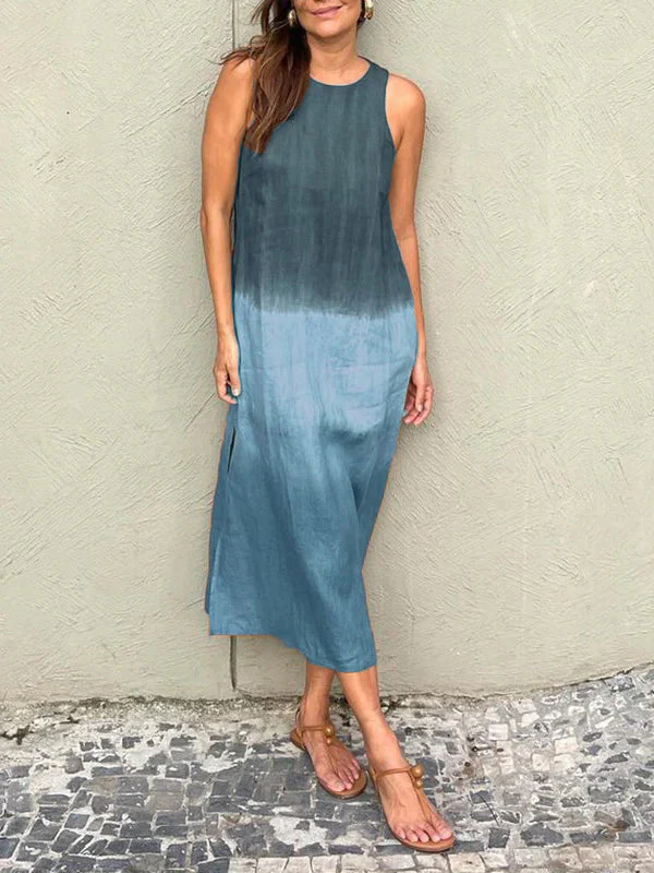 🌷Spring Sale 49% Off🌷Women's casual cotton& linen sleeveless slit gradient tie-dye long dress - Image 5