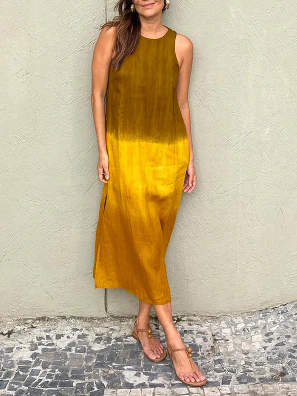 🌷Spring Sale 49% Off🌷Women's casual cotton& linen sleeveless slit gradient tie-dye long dress - Image 6