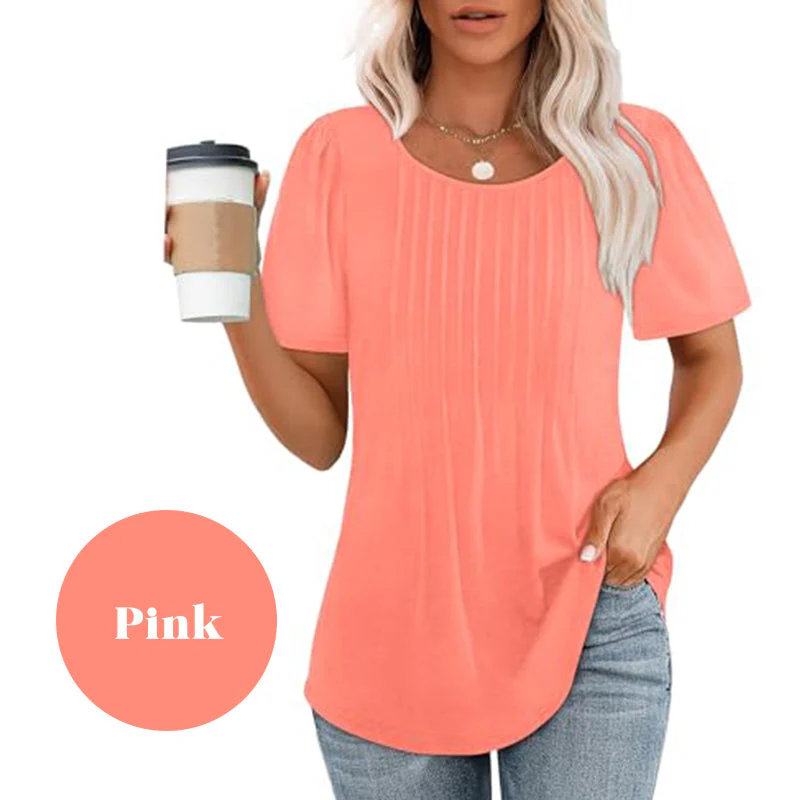 🔥Last Day Sale 50%🔥Women's Short Sleeve Pleated Dressy Casual Scooped Neck Tops - Image 10
