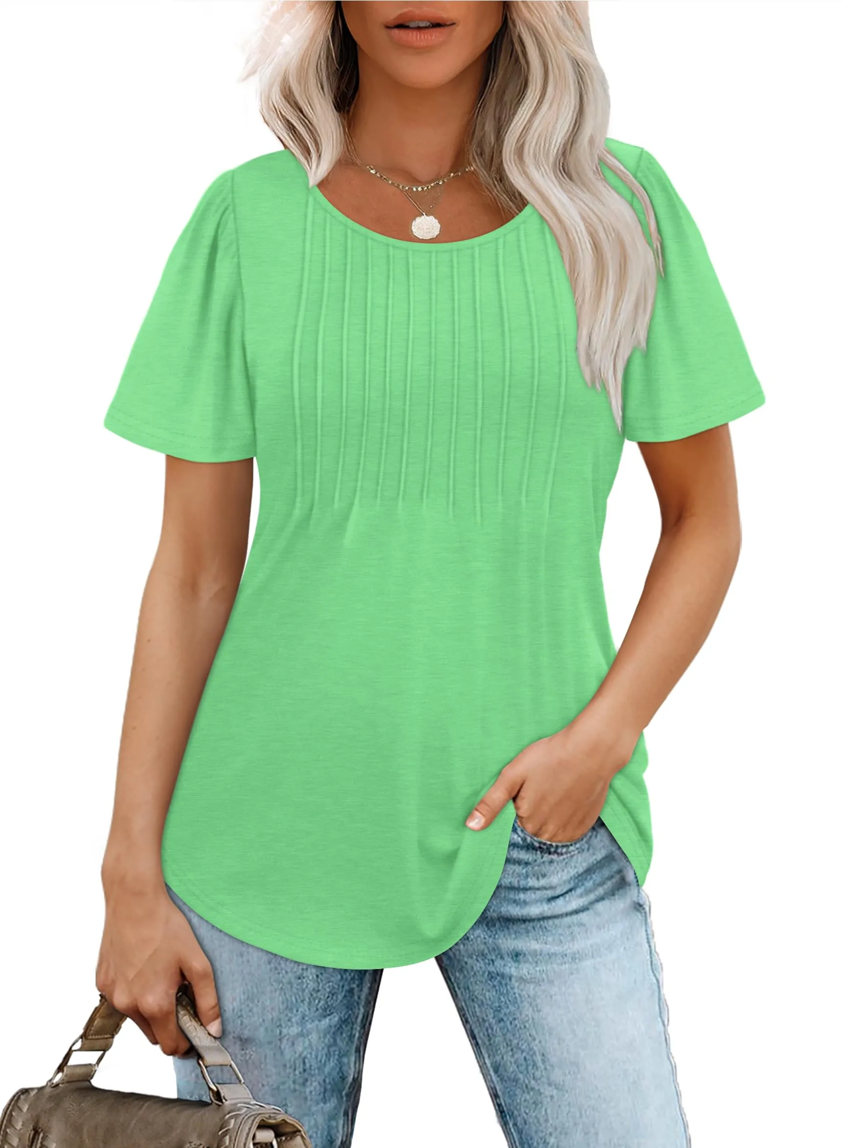 🔥Last Day Sale 50%🔥Women's Short Sleeve Pleated Dressy Casual Scooped Neck Tops - Image 14