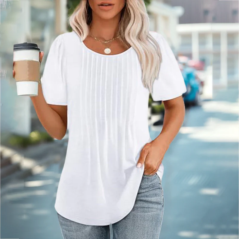🔥Last Day Sale 50%🔥Women's Short Sleeve Pleated Dressy Casual Scooped Neck Tops - Image 2