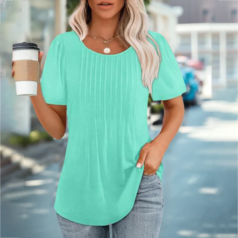 🔥Last Day Sale 50%🔥Women's Short Sleeve Pleated Dressy Casual Scooped Neck Tops - Image 3
