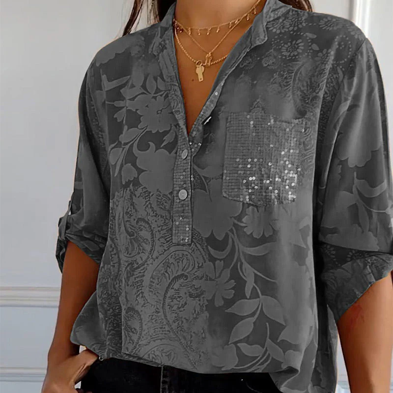 🔥HOT SALE 49% OFF🔥Women's Casual Lapel Printed Top with Adjustable Sleeves - Image 4