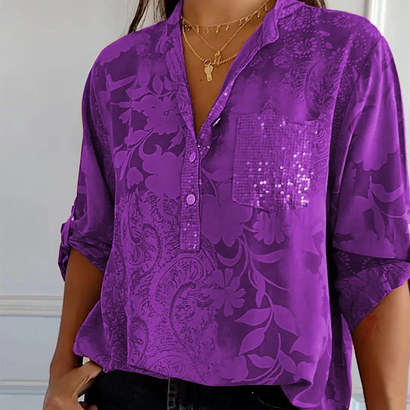 🔥HOT SALE 49% OFF🔥Women's Casual Lapel Printed Top with Adjustable Sleeves - Image 5