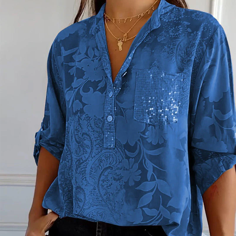 🔥HOT SALE 49% OFF🔥Women's Casual Lapel Printed Top with Adjustable Sleeves - Image 6