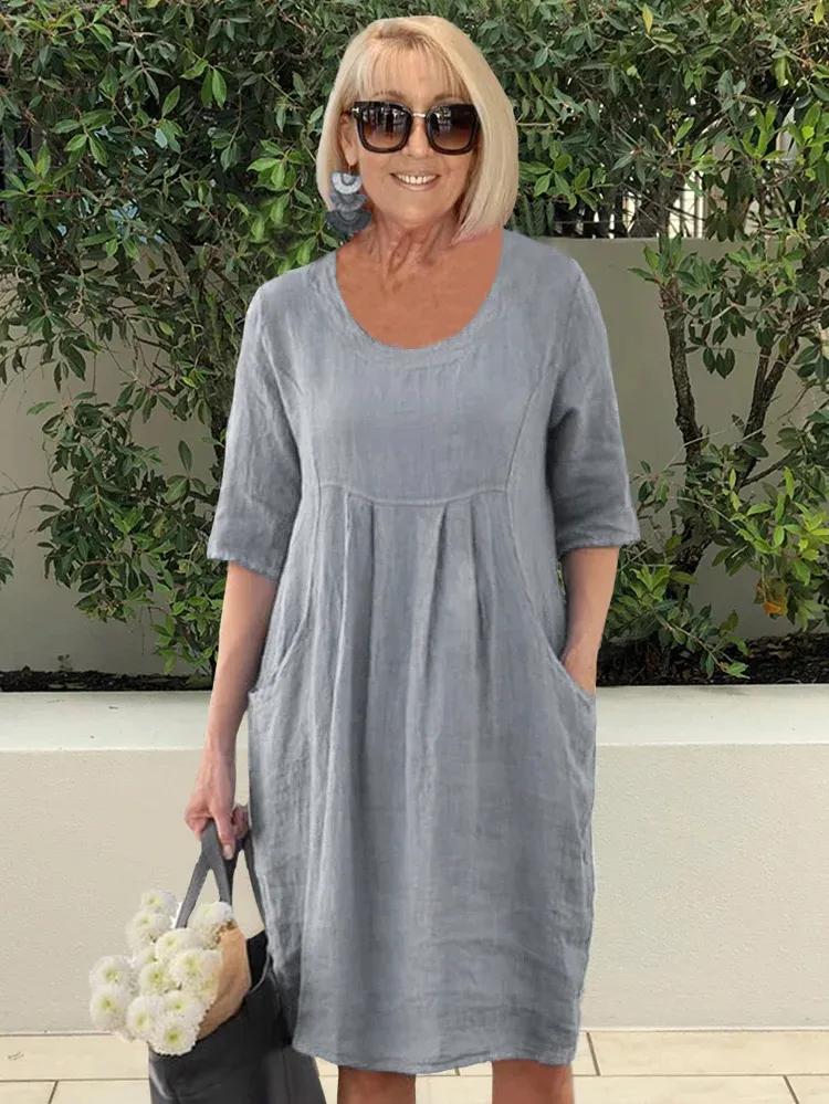 🔥2024 Hot Sale💃Solid Color Cotton Linen Pockets Tunic Midi Dress - Image 3