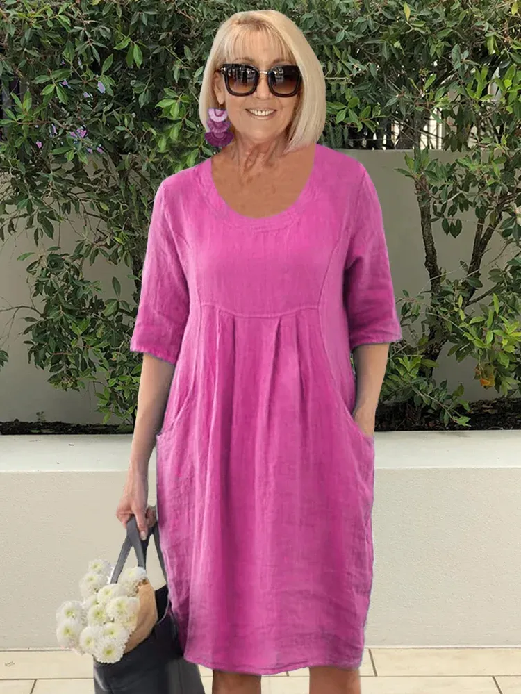 🔥2024 Hot Sale💃Solid Color Cotton Linen Pockets Tunic Midi Dress - Image 4