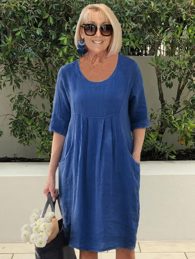 🔥2024 Hot Sale💃Solid Color Cotton Linen Pockets Tunic Midi Dress - Image 5