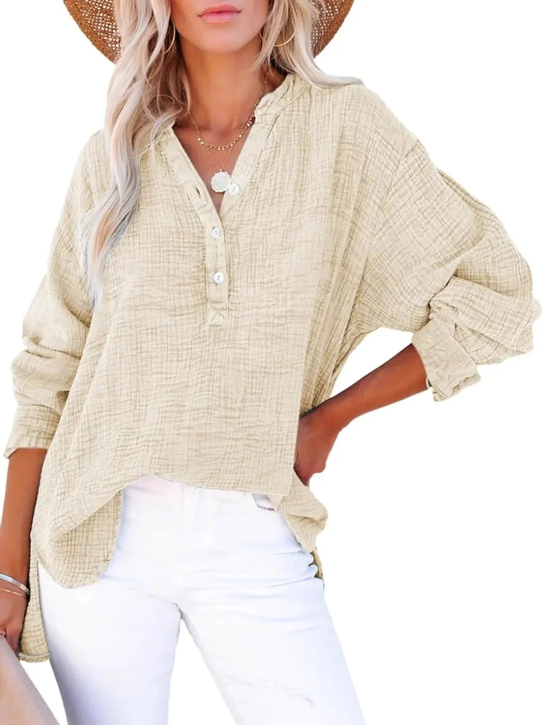 🔥This week's special price £13.99🔥Womens Casual Button V Neck Long Sleeve Shirts Oversized Solid Blouses Top - Image 5