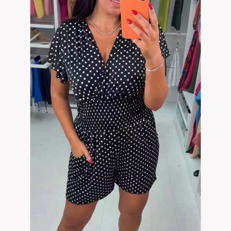 Polka Dot V-Neck One-piece Shorts Jumpsuit - Image 2