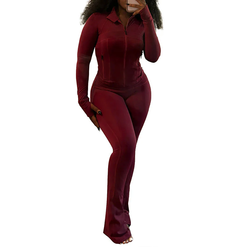 Sexy Solid Color Long-Sleeve Top & Pants Set - Image 14