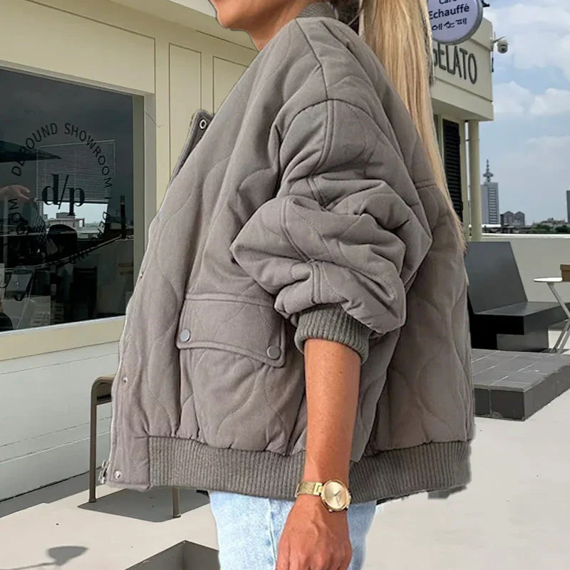 Solid Color Loose Thick Warm Bomber Jacket - Image 6