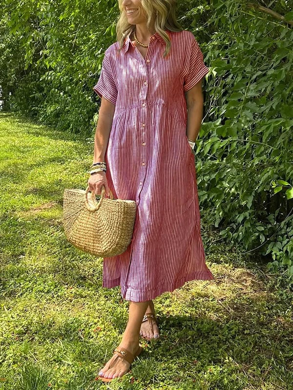 🔥LAST DAY SALE 49% OFF🔥Striped Lapel Functional Pockets Button Down Shirt Dress - Image 15