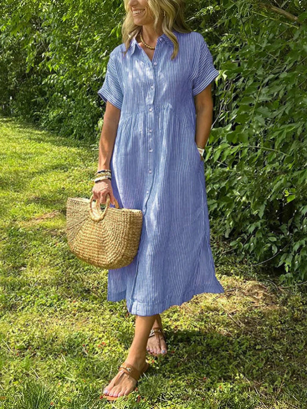 🔥LAST DAY SALE 49% OFF🔥Striped Lapel Functional Pockets Button Down Shirt Dress - Image 8