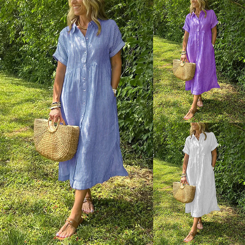🔥LAST DAY SALE 49% OFF🔥Striped Lapel Functional Pockets Button Down Shirt Dress - Image 9