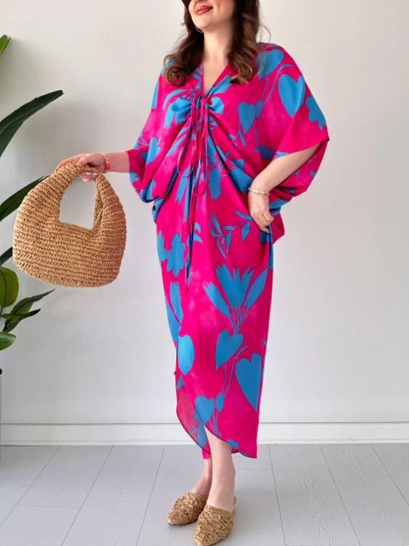 💃 Fashion Printed Loose Bat Sleeves V-neck Drawstring Dress - Image 4