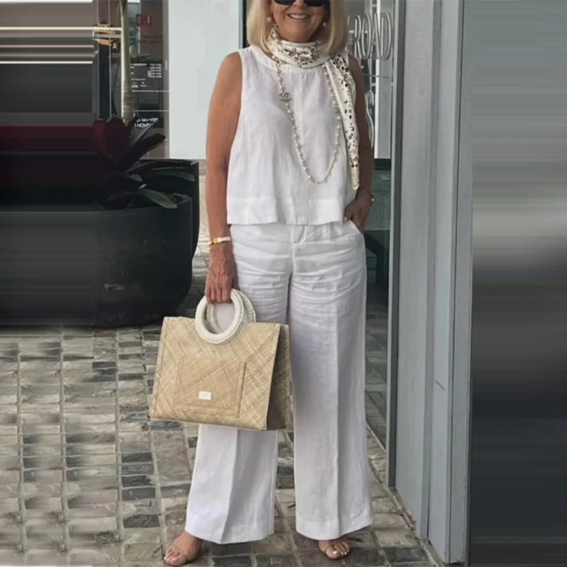 🌷💝SUMMER SALE 49%OFF - 👗Women's Simple Breathable Suit - Round-Neck Sleeveless Top & Wide-Leg Pants