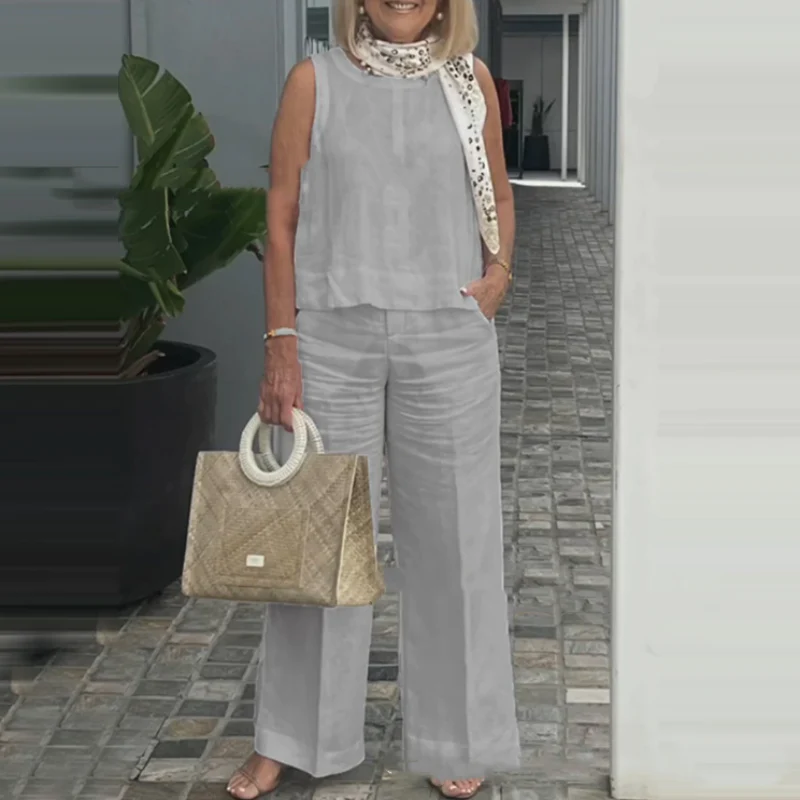 🌷💝SUMMER SALE 49%OFF - 👗Women's Simple Breathable Suit - Round-Neck Sleeveless Top & Wide-Leg Pants - Image 2