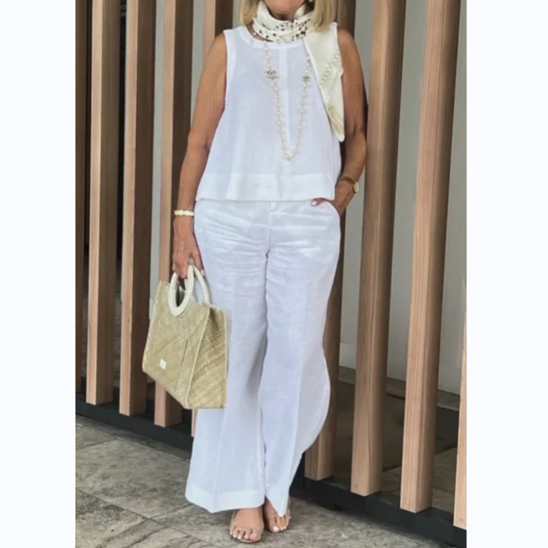 🌷💝SUMMER SALE 49%OFF - 👗Women's Simple Breathable Suit - Round-Neck Sleeveless Top & Wide-Leg Pants - Image 5