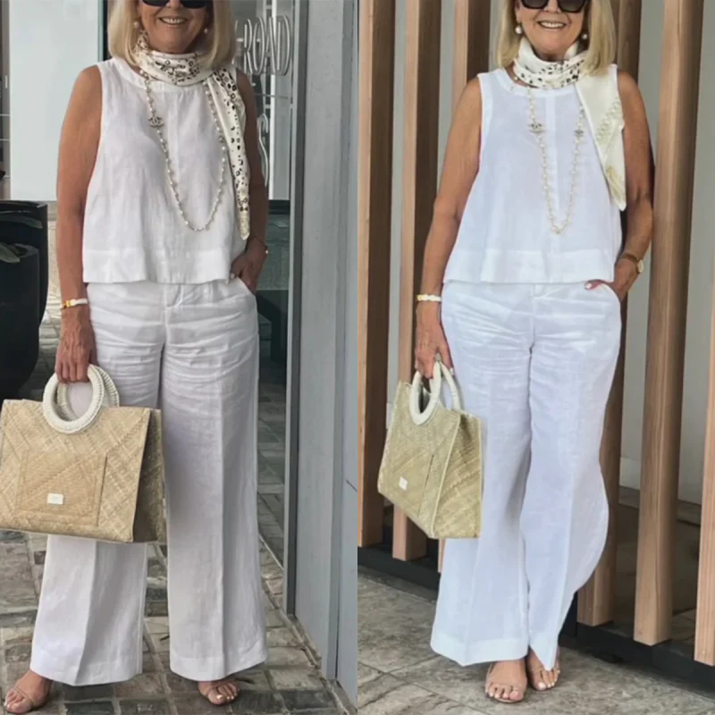 🌷💝SUMMER SALE 49%OFF - 👗Women's Simple Breathable Suit - Round-Neck Sleeveless Top & Wide-Leg Pants - Image 7