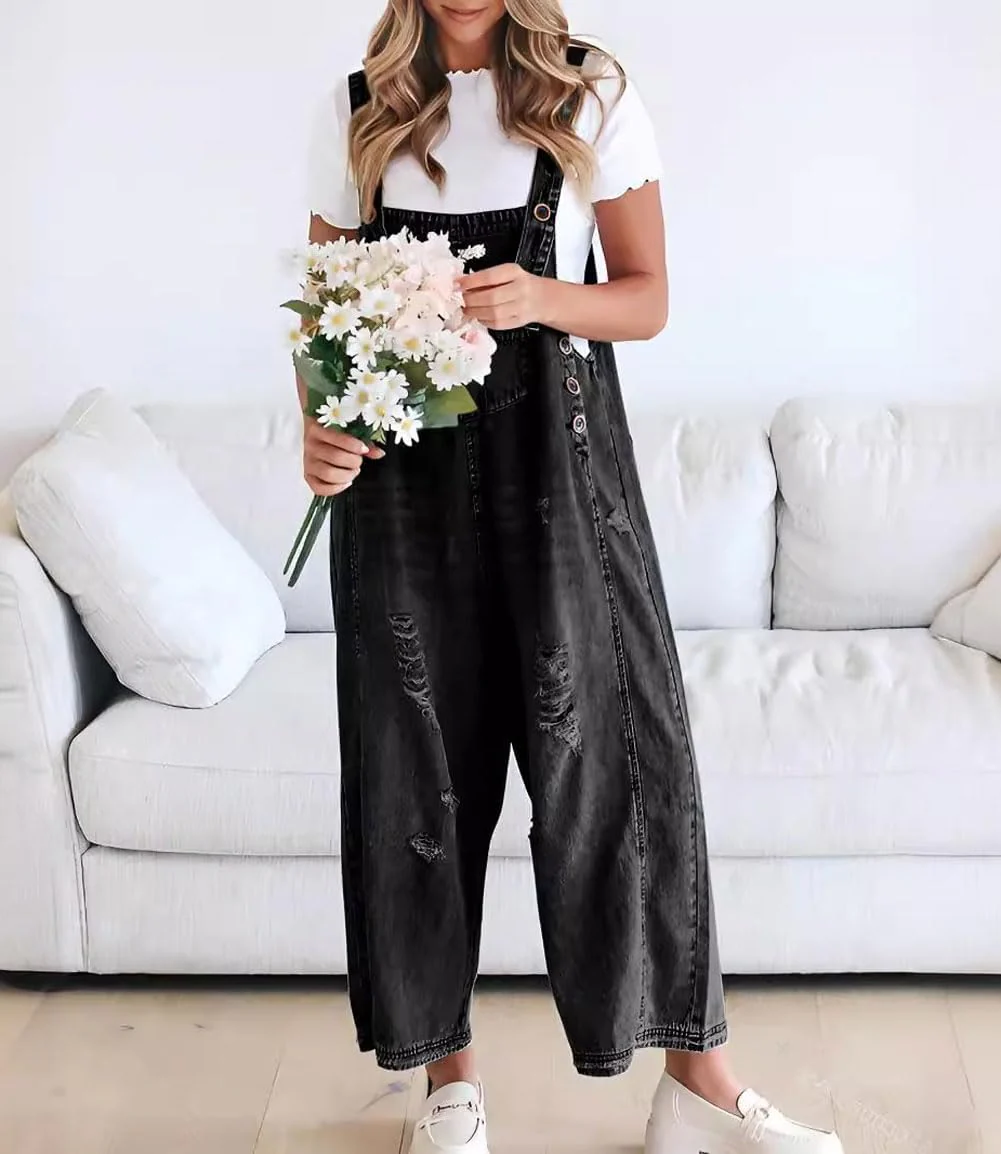 🔥Limited time sale 50% OFF💕Women's Cute Casual Button Jumpsuit Ripped Denim Overalls - Image 8