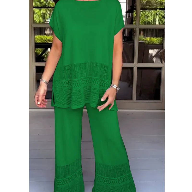Women’s Solid Color Two-Piece Short Sleeve Top & Pants Set - Image 3