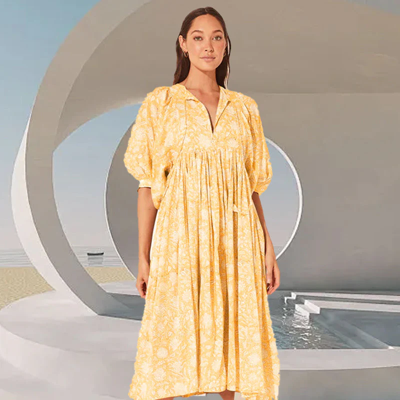 Women's Vintage Floral Pleated Half Sleeve Flowy Dress - Image 2