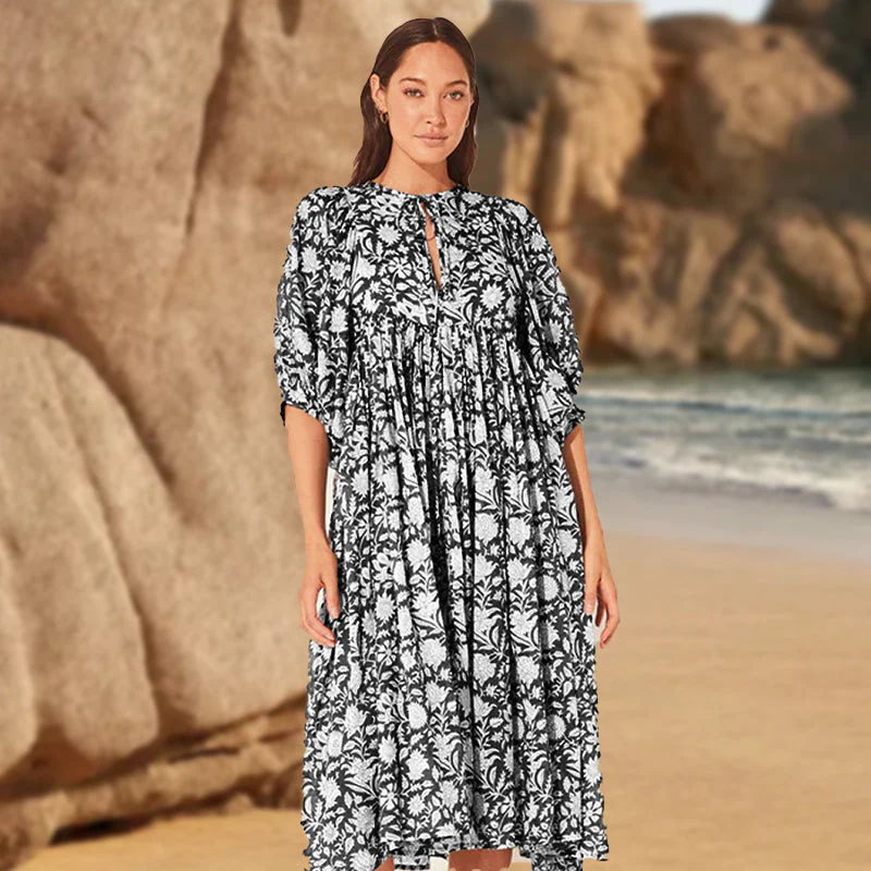 Women's Vintage Floral Pleated Half Sleeve Flowy Dress - Image 3