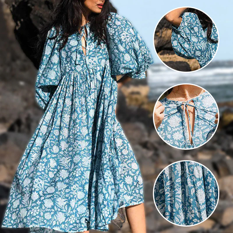 Women's Vintage Floral Pleated Half Sleeve Flowy Dress - Image 7