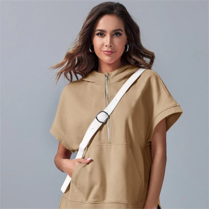 2024 Oversized Casual Half Zip Short Sleeve Pullover Tops with Pockets - Image 11
