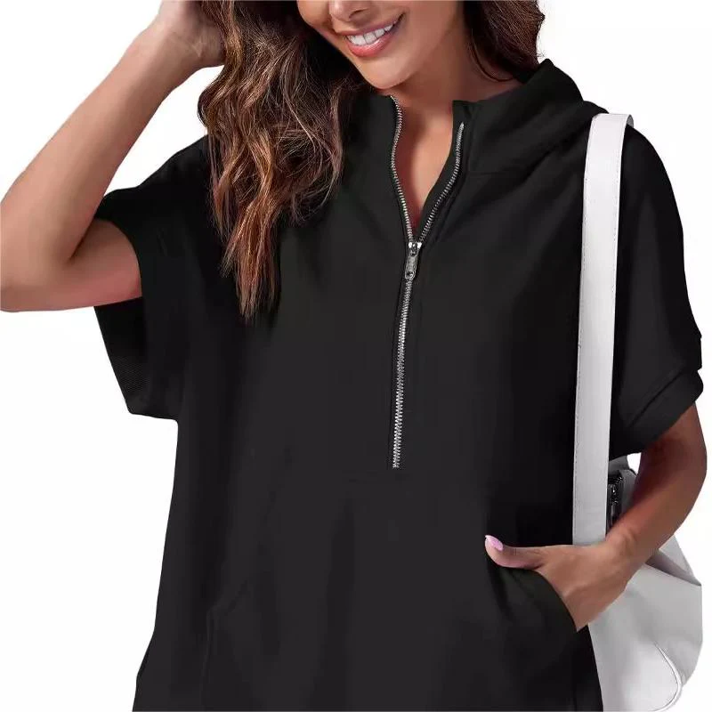 2024 Oversized Casual Half Zip Short Sleeve Pullover Tops with Pockets - Image 14