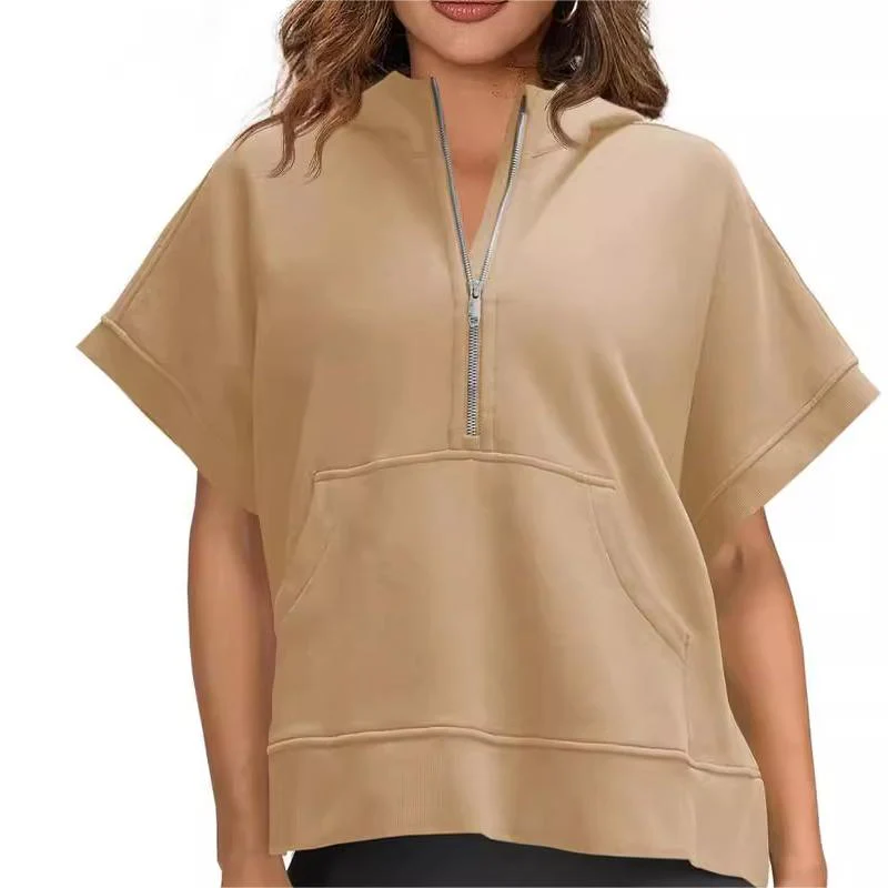 2024 Oversized Casual Half Zip Short Sleeve Pullover Tops with Pockets - Image 15