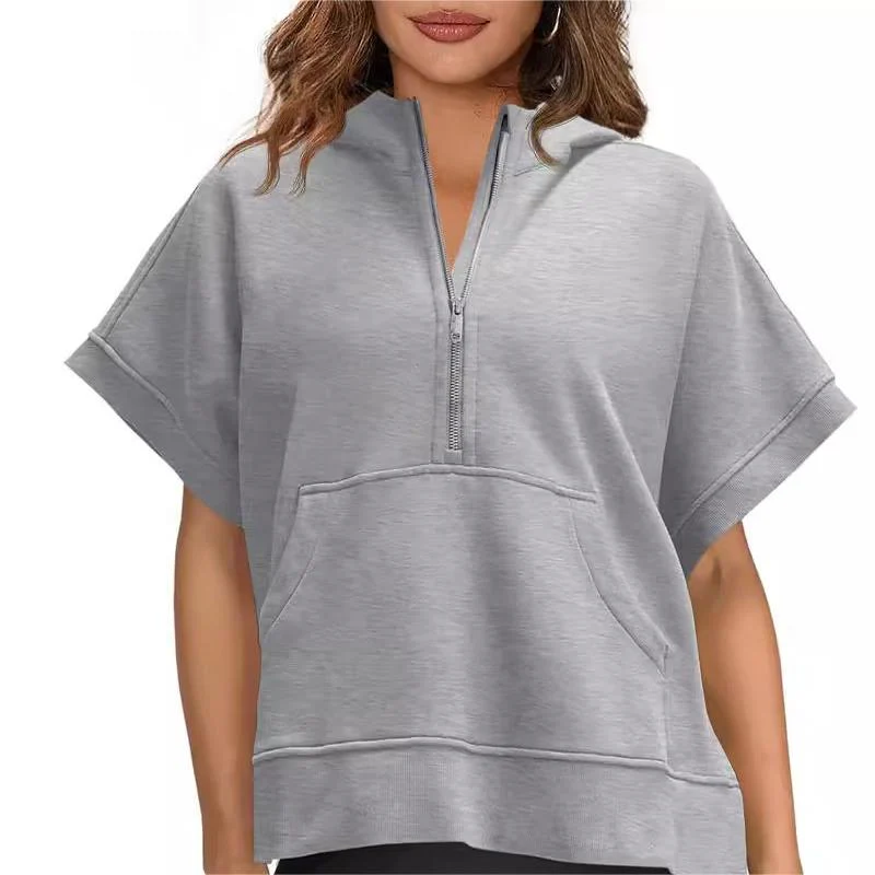 2024 Oversized Casual Half Zip Short Sleeve Pullover Tops with Pockets - Image 16