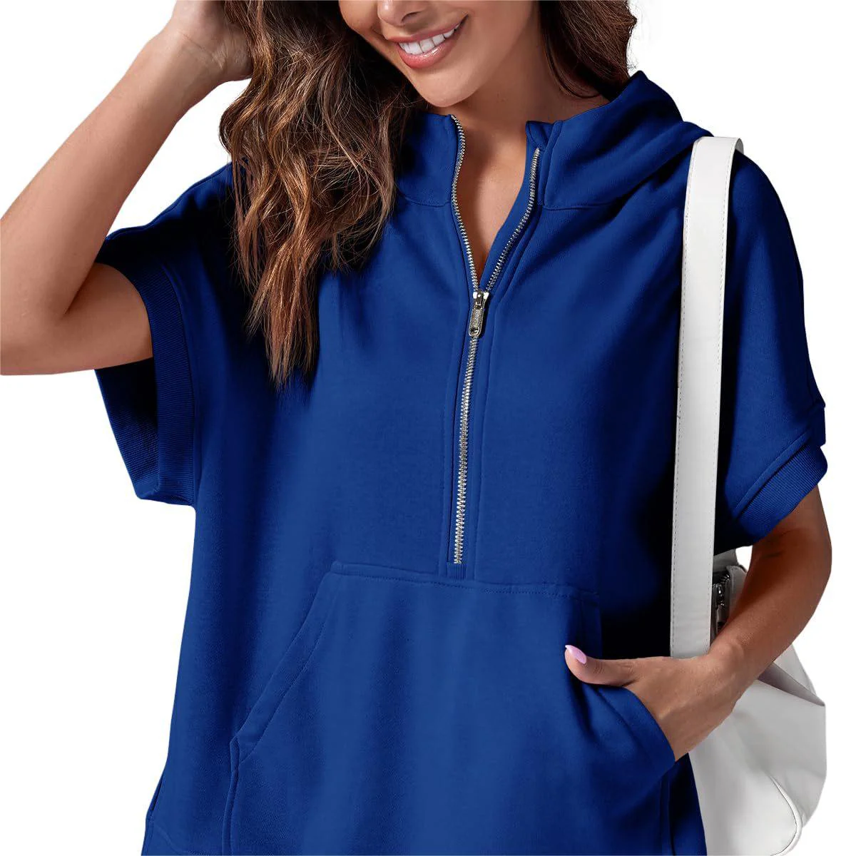 2024 Oversized Casual Half Zip Short Sleeve Pullover Tops with Pockets - Image 18
