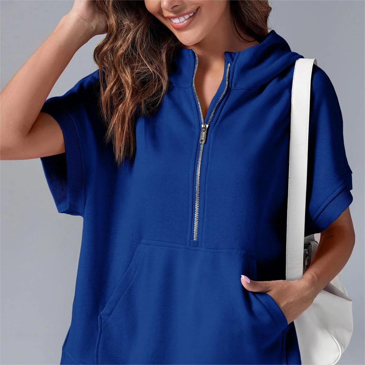 2024 Oversized Casual Half Zip Short Sleeve Pullover Tops with Pockets - Image 3