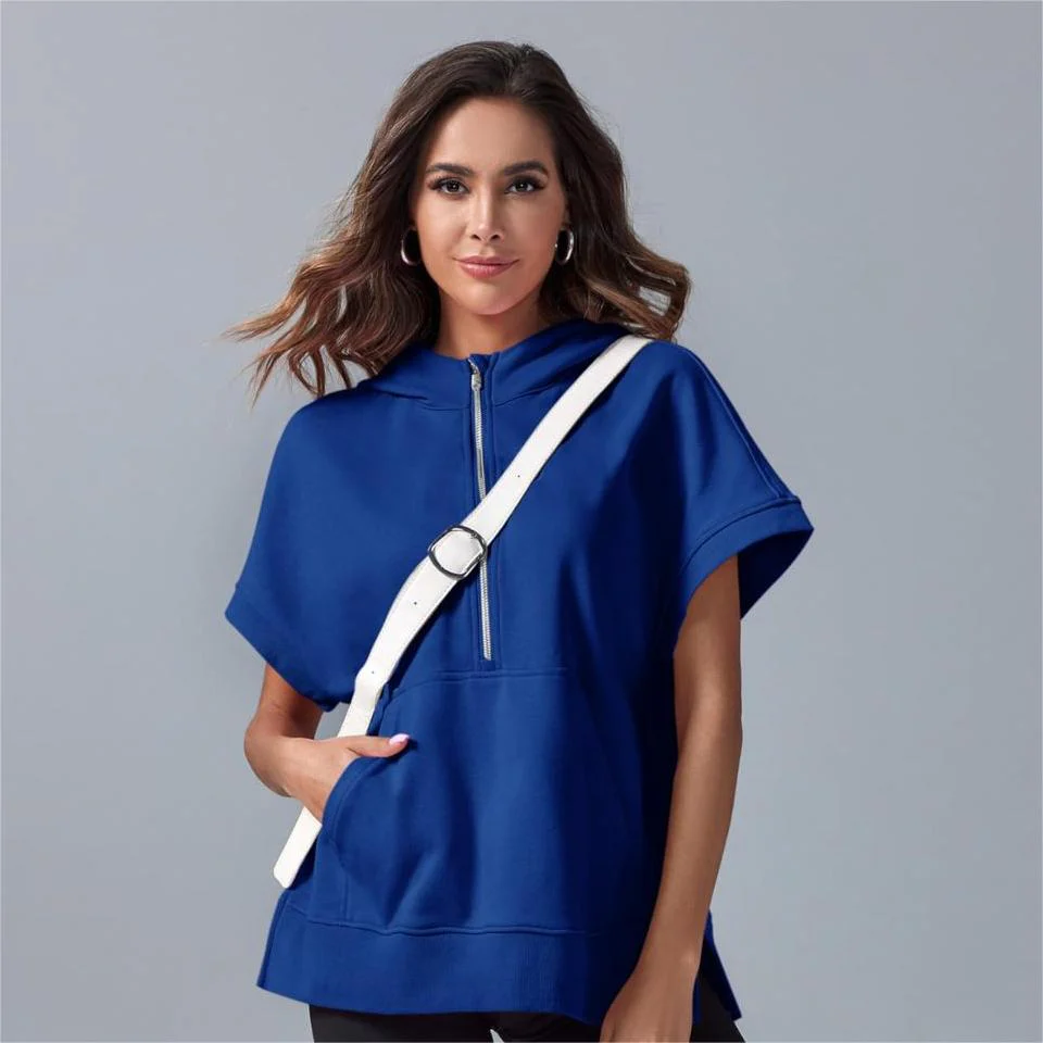 2024 Oversized Casual Half Zip Short Sleeve Pullover Tops with Pockets - Image 6