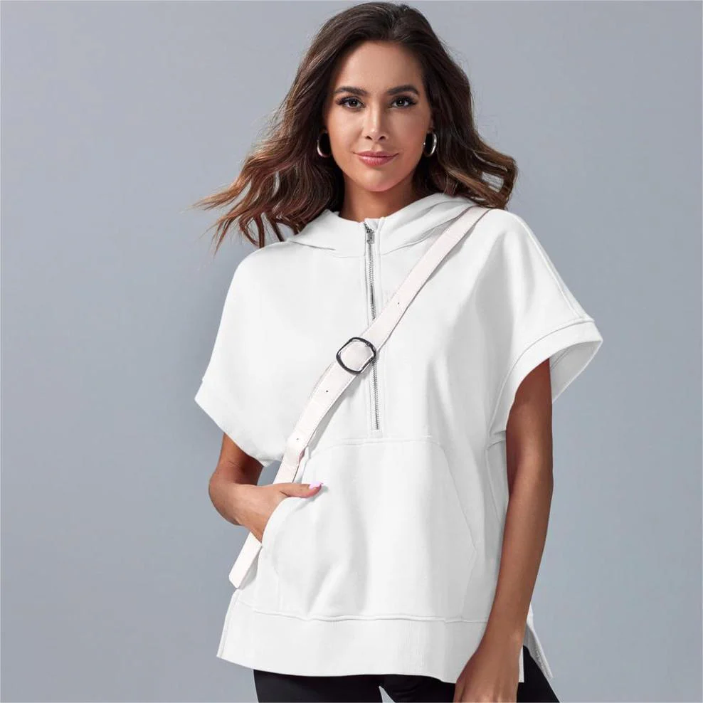 2024 Oversized Casual Half Zip Short Sleeve Pullover Tops with Pockets - Image 8